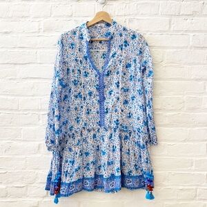 Poupette St. Barth || Sylvia Drop Waist Mini Dress Tassels Floral Blue XS‎